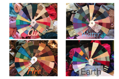 Collage of fabric color swatch fans labeled Air, Water, Fire, and Earth