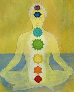 Illustration of a meditating figure with seven chakra symbols